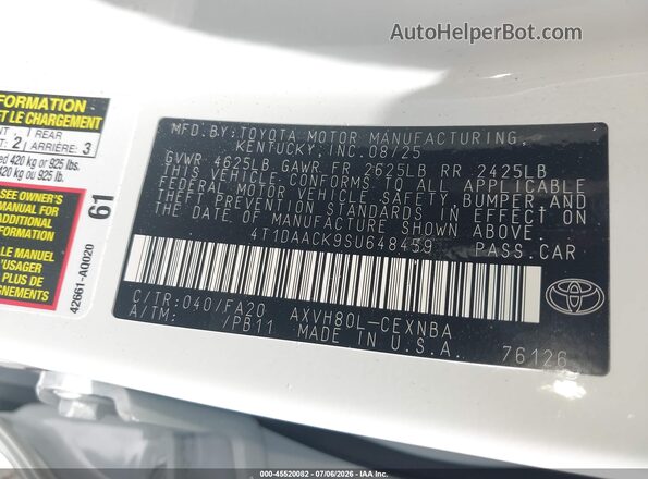 4T1DAACK9SU648459 2025 TOYOTA CAMRY White Widok komory silnika