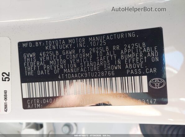 4T1DAACK9TU228766 2026 TOYOTA CAMRY White Շարժիչի բաժամունքի տեսք