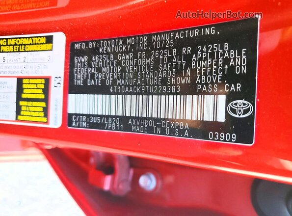 4T1DAACK9TU229383 2026 TOYOTA CAMRY Red Вид наклейки з VIN-кодом