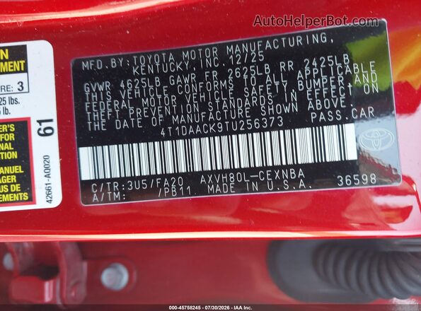 4T1DAACK9TU256373 2026 TOYOTA CAMRY Red Engine compartment view