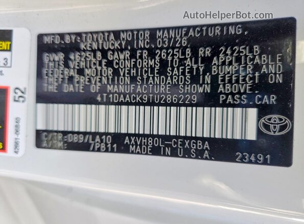 4T1DAACK9TU286229 2026 TOYOTA CAMRY White Engine compartment view