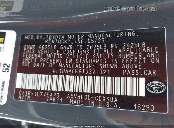4T1DAACK9TU321321 2026 TOYOTA CAMRY Gray Widok komory silnika