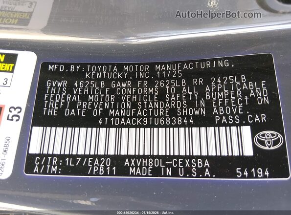 4T1DAACK9TU683844 2026 TOYOTA CAMRY Gray ძრავის განყოფილების ხედი