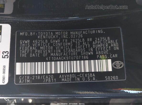 4T1DAACK9TU707186 2026 TOYOTA CAMRY Black Շարժիչի բաժամունքի տեսք