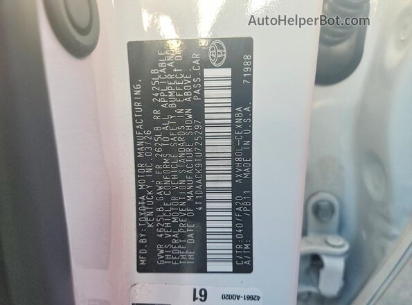 4T1DAACK9TU725297 2026 TOYOTA CAMRY White VIN sticker view