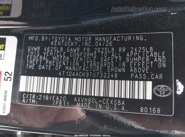 4T1DAACK9TU732248 2026 TOYOTA CAMRY Black Вид підкапотного простору