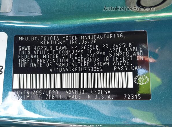 4T1DAACK9TU759952 2026 TOYOTA CAMRY Green Vista del compartimento del motor