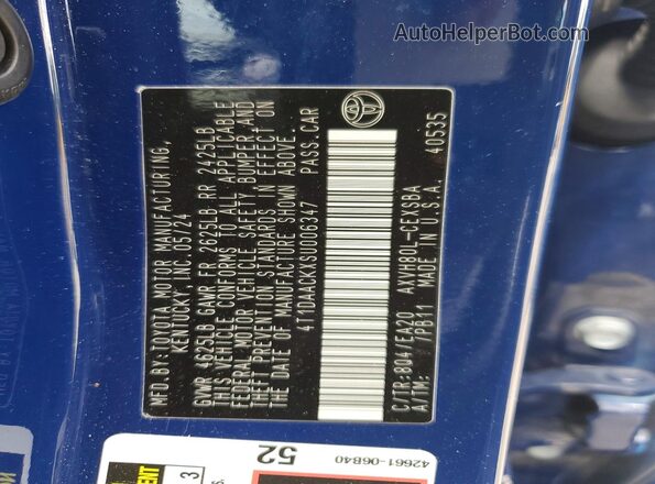 4T1DAACKXSU006347 2025 TOYOTA CAMRY Blue Vista de la etiqueta del VIN