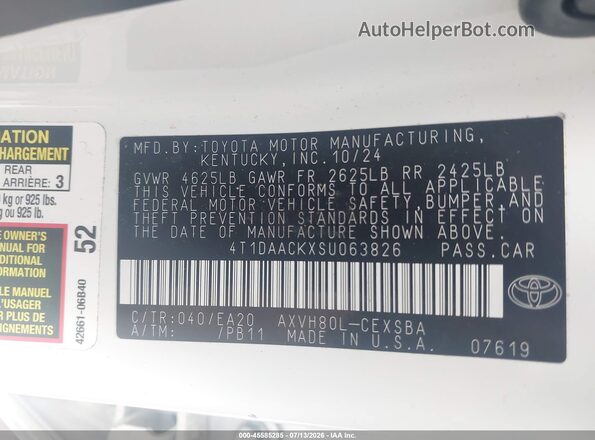 4T1DAACKXSU063826 2025 TOYOTA CAMRY White Vista del compartimento del motor