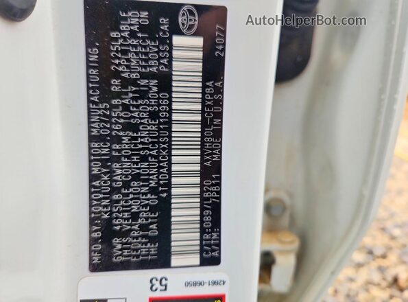 4T1DAACKXSU119960 2025 TOYOTA CAMRY White VIN կոդի պիտակի տեսք