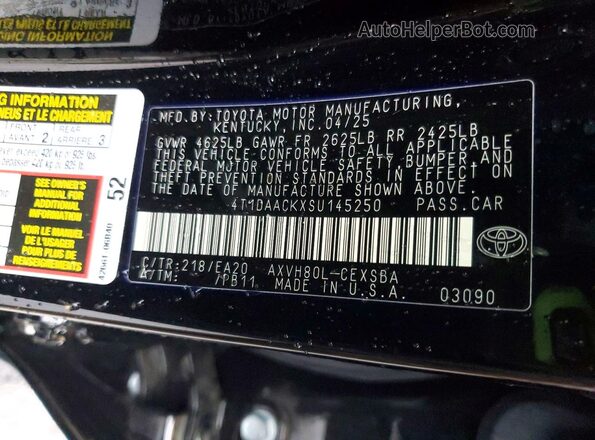 4T1DAACKXSU145250 2025 TOYOTA CAMRY Black Vista de la etiqueta del VIN