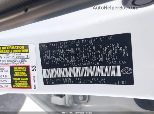 4T1DAACKXSU169726 2025 TOYOTA CAMRY White Vista del compartimento del motor