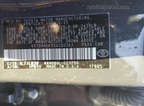 4T1DAACKXSU200361 2025 TOYOTA CAMRY Charcoal Vista de la etiqueta del VIN