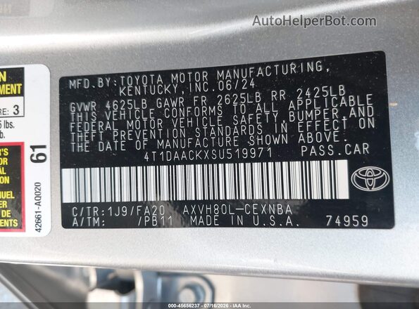 4T1DAACKXSU519971 2025 TOYOTA CAMRY Silver Вид підкапотного простору
