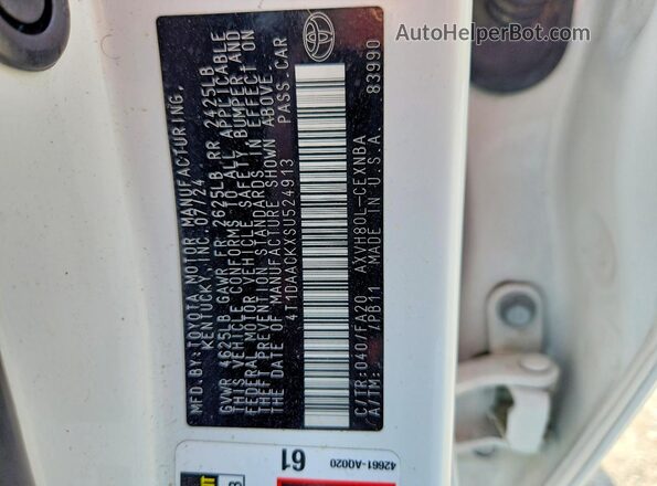 4T1DAACKXSU524913 2025 TOYOTA CAMRY White Vista de la etiqueta del VIN