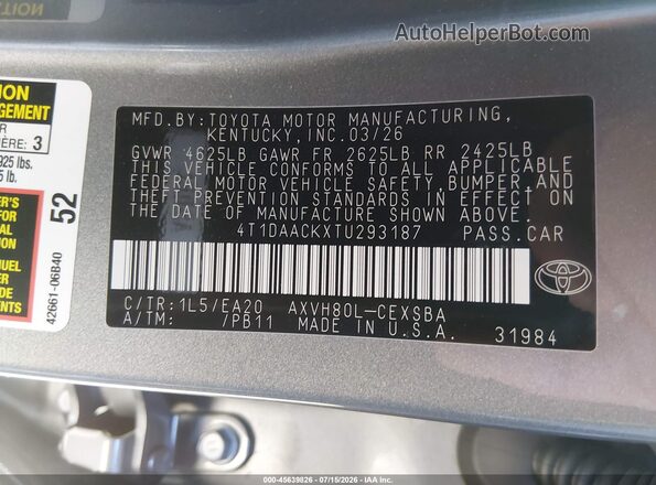 4T1DAACKXTU293187 2026 TOYOTA CAMRY Silver Widok komory silnika