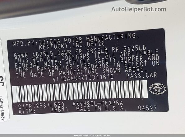 4T1DAACKXTU311610 2026 TOYOTA CAMRY White Շարժիչի բաժամունքի տեսք