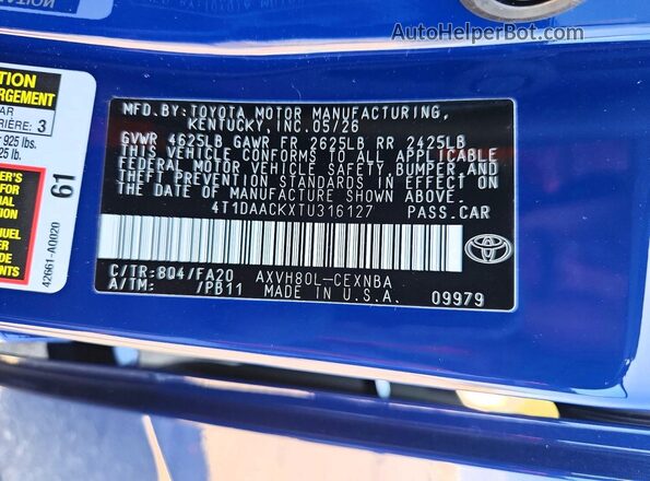 4T1DAACKXTU316127 2026 TOYOTA CAMRY Blue VIN կոդի պիտակի տեսք