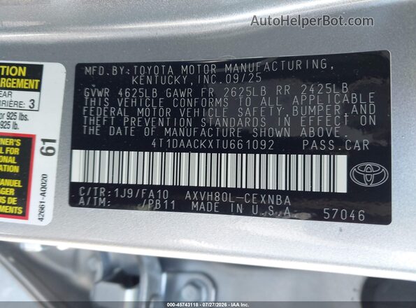 4T1DAACKXTU661092 2026 TOYOTA CAMRY Silver Շարժիչի բաժամունքի տեսք