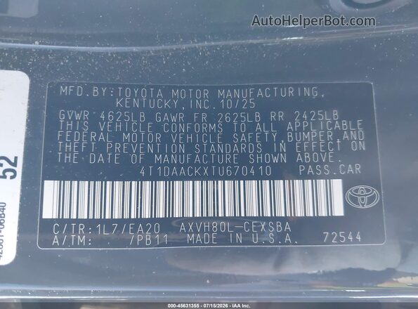 4T1DAACKXTU670410 2026 TOYOTA CAMRY Gray Շարժիչի բաժամունքի տեսք