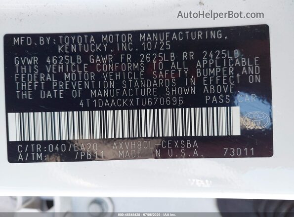 4T1DAACKXTU670696 2026 TOYOTA CAMRY White Engine compartment view