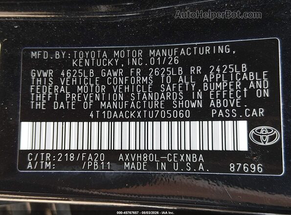 4T1DAACKXTU705060 2026 TOYOTA CAMRY Black Вид підкапотного простору
