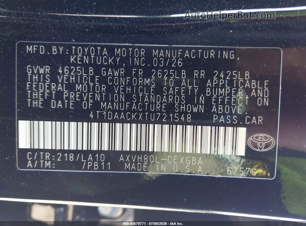 4T1DAACKXTU721548 2026 TOYOTA CAMRY Black Vista del compartimento del motor