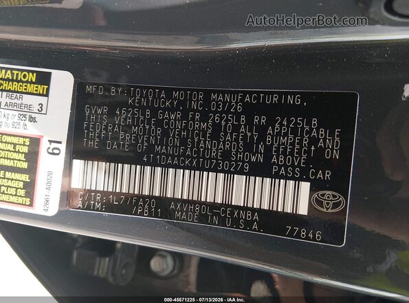 4T1DAACKXTU730279 2026 TOYOTA CAMRY Gray Vista del compartimento del motor