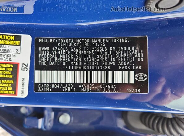 4T1DBADK0TU043386 2026 TOYOTA CAMRY Blue Вид наклейки з VIN-кодом