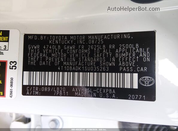 4T1DBADK1SU035263 2025 TOYOTA CAMRY Белый Вид подкапотного пространства