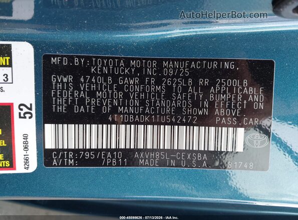 4T1DBADK1TU542472 2026 TOYOTA CAMRY Blue ძრავის განყოფილების ხედი