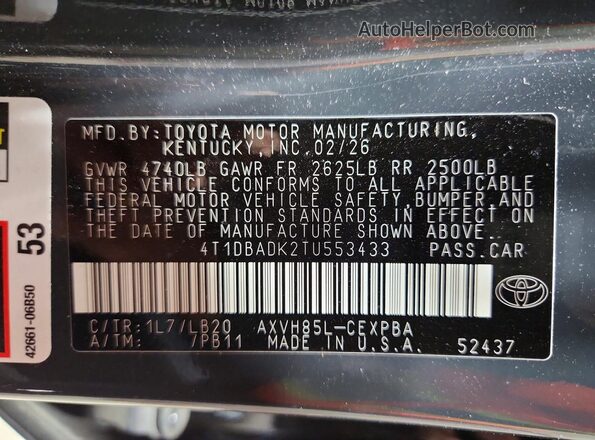 4T1DBADK2TU553433 2026 TOYOTA CAMRY Gray VIN կոդի պիտակի տեսք