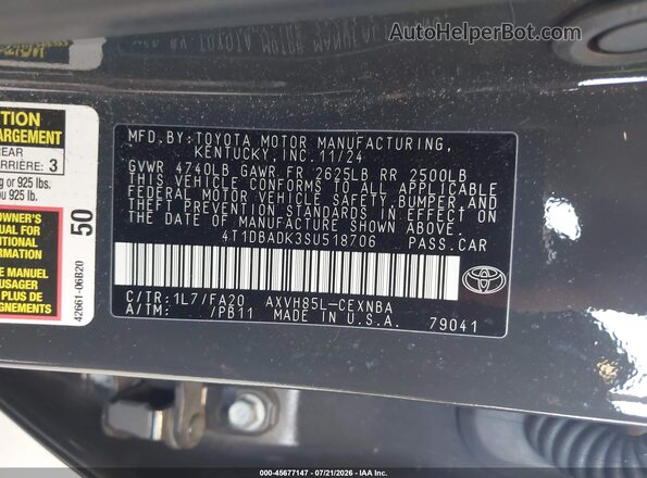 4T1DBADK3SU518706 2025 TOYOTA CAMRY Black Engine compartment view