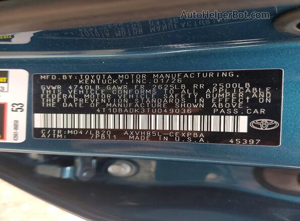 4T1DBADK3TU049036 2026 TOYOTA CAMRY Turquoise Vista del compartimento del motor