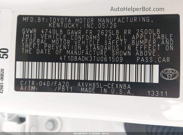 4T1DBADK3TU061509 2026 TOYOTA CAMRY White Вид підкапотного простору