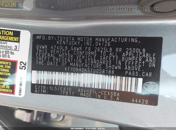 4T1DBADK5TU058188 2026 TOYOTA CAMRY Gray Widok komory silnika