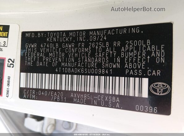 4T1DBADK6SU009841 2025 TOYOTA CAMRY Белый Вид подкапотного пространства