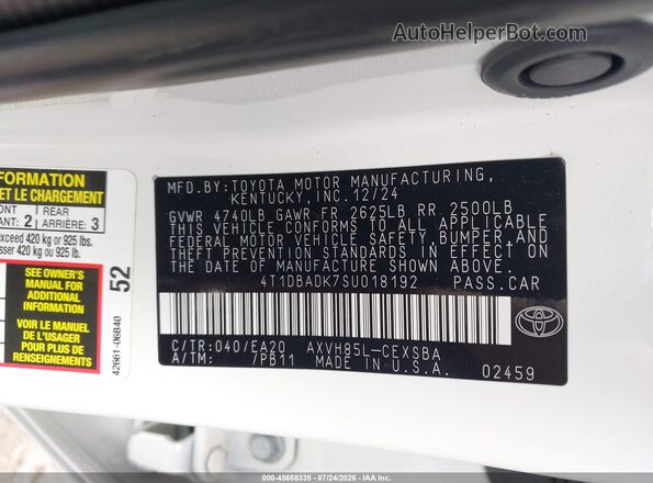 4T1DBADK7SU018192 2025 TOYOTA CAMRY White Շարժիչի բաժամունքի տեսք