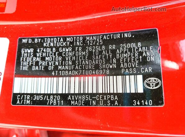 4T1DBADK7TU046978 2026 TOYOTA CAMRY Red ძრავის განყოფილების ხედი