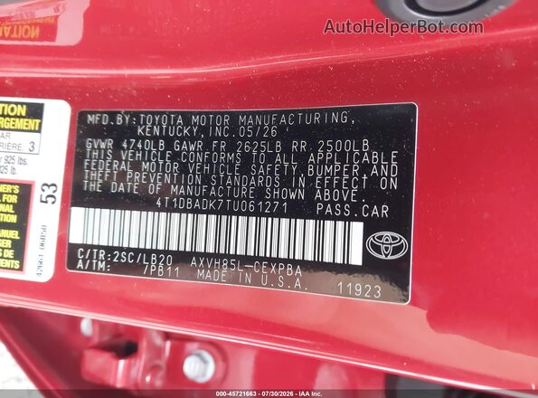 4T1DBADK7TU061271 2026 TOYOTA CAMRY Красный Вид подкапотного пространства
