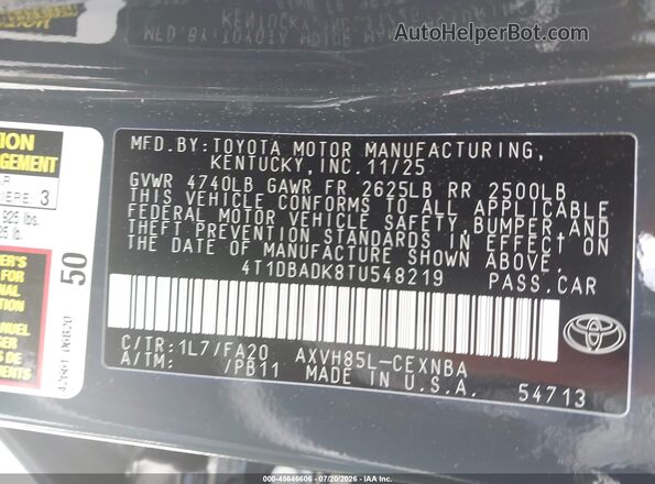4T1DBADK8TU548219 2026 TOYOTA CAMRY Gray Շարժիչի բաժամունքի տեսք