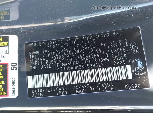 4T1DBADK9SU538829 2025 TOYOTA CAMRY Gray Շարժիչի բաժամունքի տեսք
