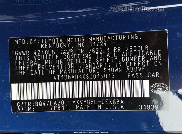 4T1DBADKXSU015013 2025 TOYOTA CAMRY Blue Вид підкапотного простору