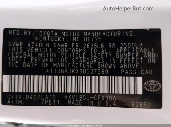 4T1DBADKXSU537589 2025 TOYOTA CAMRY White Widok komory silnika