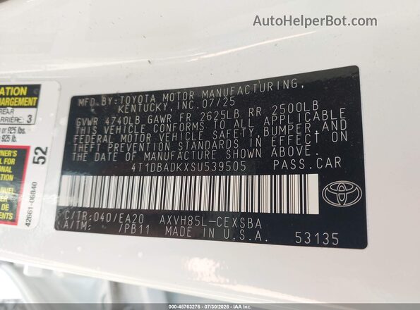 4T1DBADKXSU539505 2025 TOYOTA CAMRY White Вид підкапотного простору