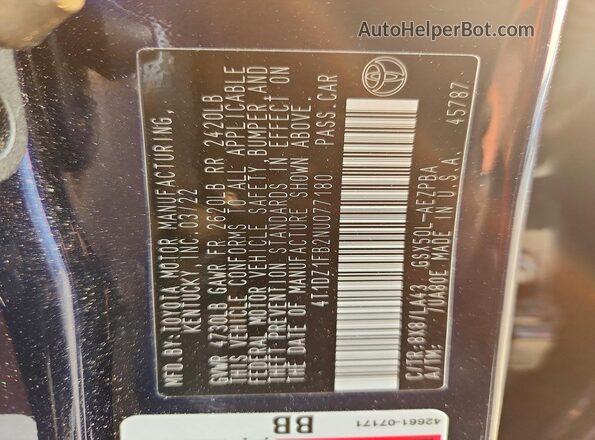 4T1DZ1FB2NU077180 2022 TOYOTA AVALON Blue Vista de la etiqueta del VIN