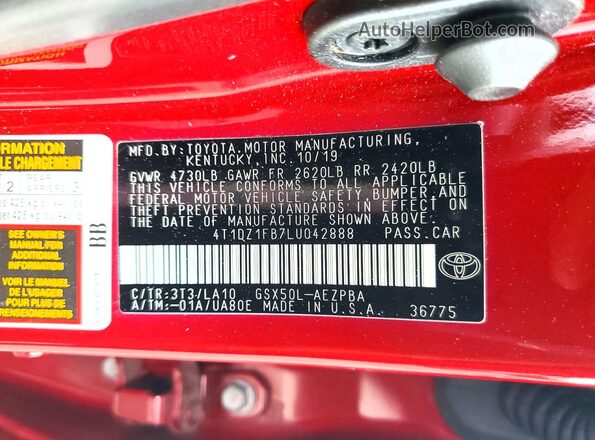 4T1DZ1FB7LU042888 2020 TOYOTA AVALON Red VIN sticker view