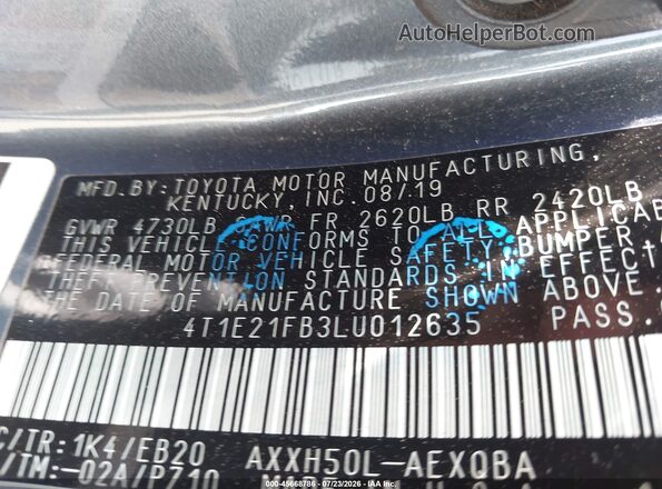 4T1E21FB3LU012635 2020 TOYOTA AVALON HYBRID Dark Blue Շարժիչի բաժամունքի տեսք