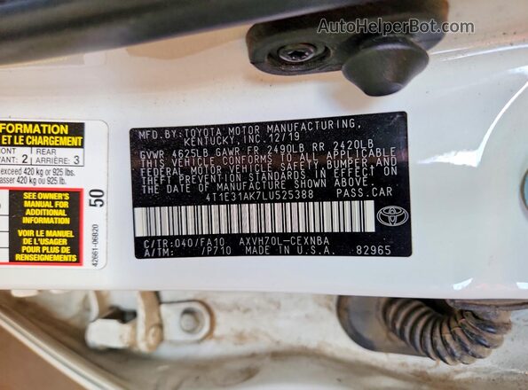 4T1E31AK7LU525388 2020 TOYOTA CAMRY White Vista de la etiqueta del VIN