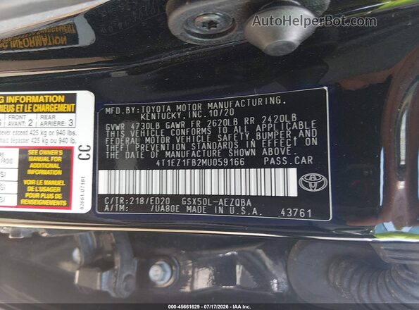 4T1EZ1FB2MU059166 2021 TOYOTA AVALON Black Widok komory silnika